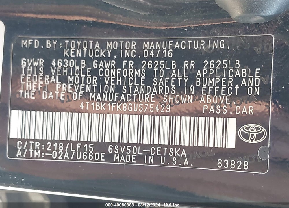2016 TOYOTA CAMRY XSE V6 VIN: 4T1BK1FK8GU575429