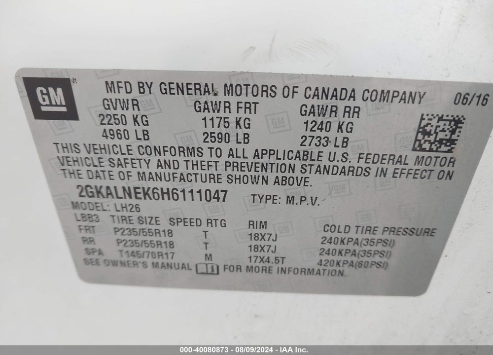 2017 GMC TERRAIN SLE-2 VIN: 2GKALNEK6H6111047
