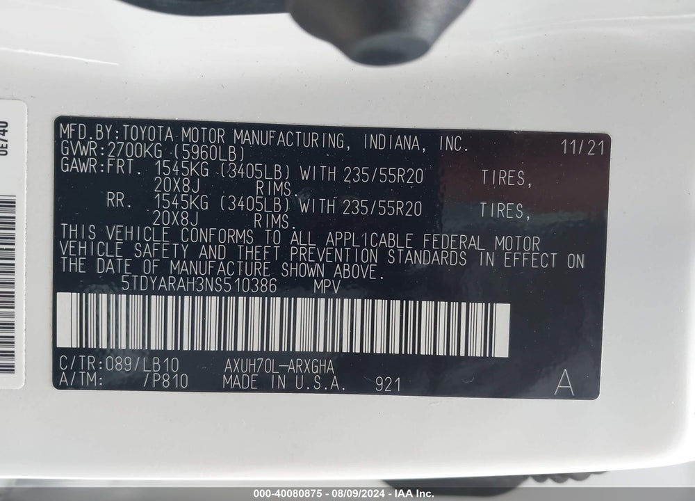 2022 TOYOTA HIGHLANDER HYBRID LIMITED VIN: 5TDYARAH3NS510386