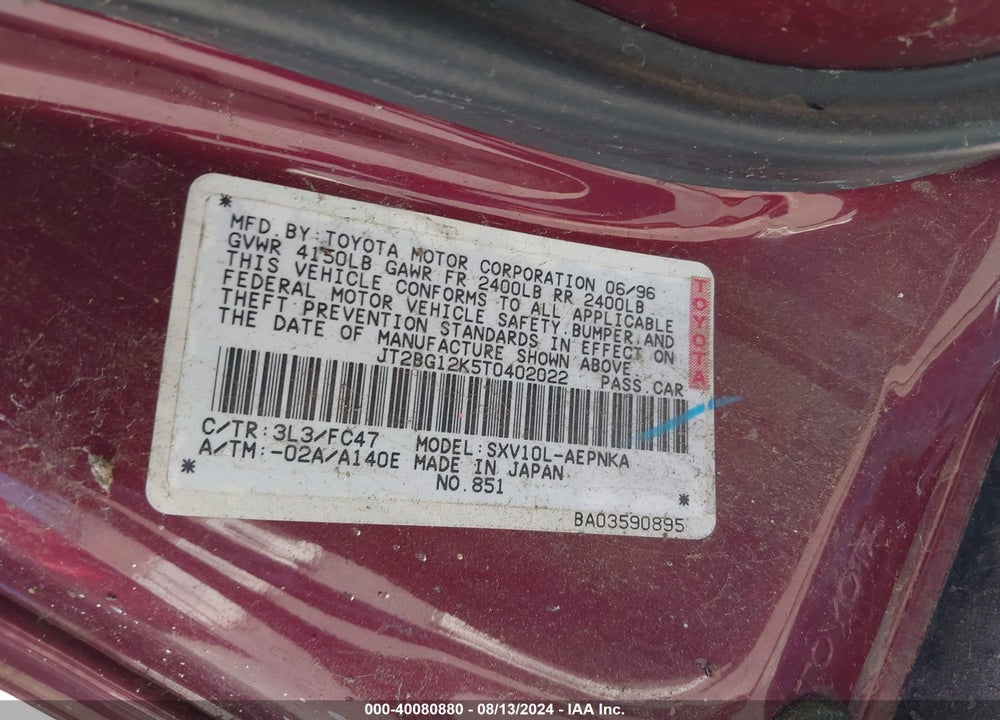 1996 TOYOTA CAMRY DX/LE/XLE VIN: JT2BG12K5T0402022