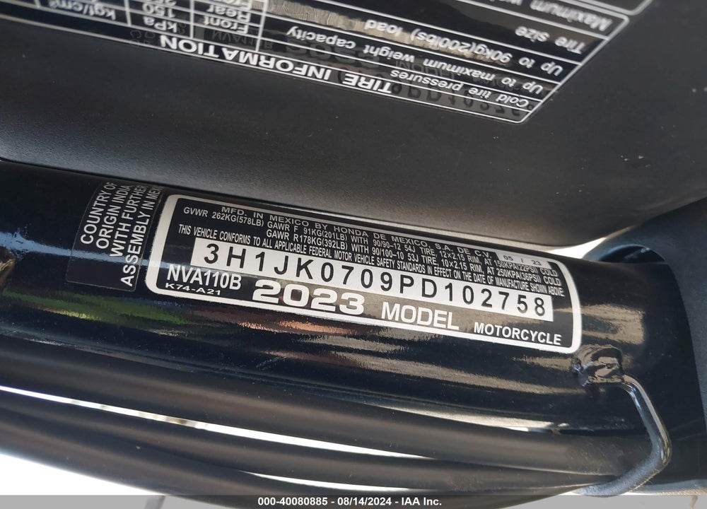 2023 HONDA NVA110 B VIN: 3H1JK0709PD102758