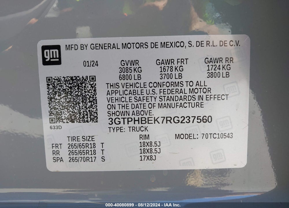 2024 GMC SIERRA 1500 2WD SHORT BOX SLE VIN: 3GTPHBEK7RG237560