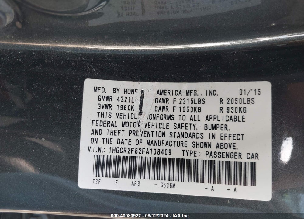 2015 HONDA ACCORD EX-L VIN: 1HGCR2F82FA108409