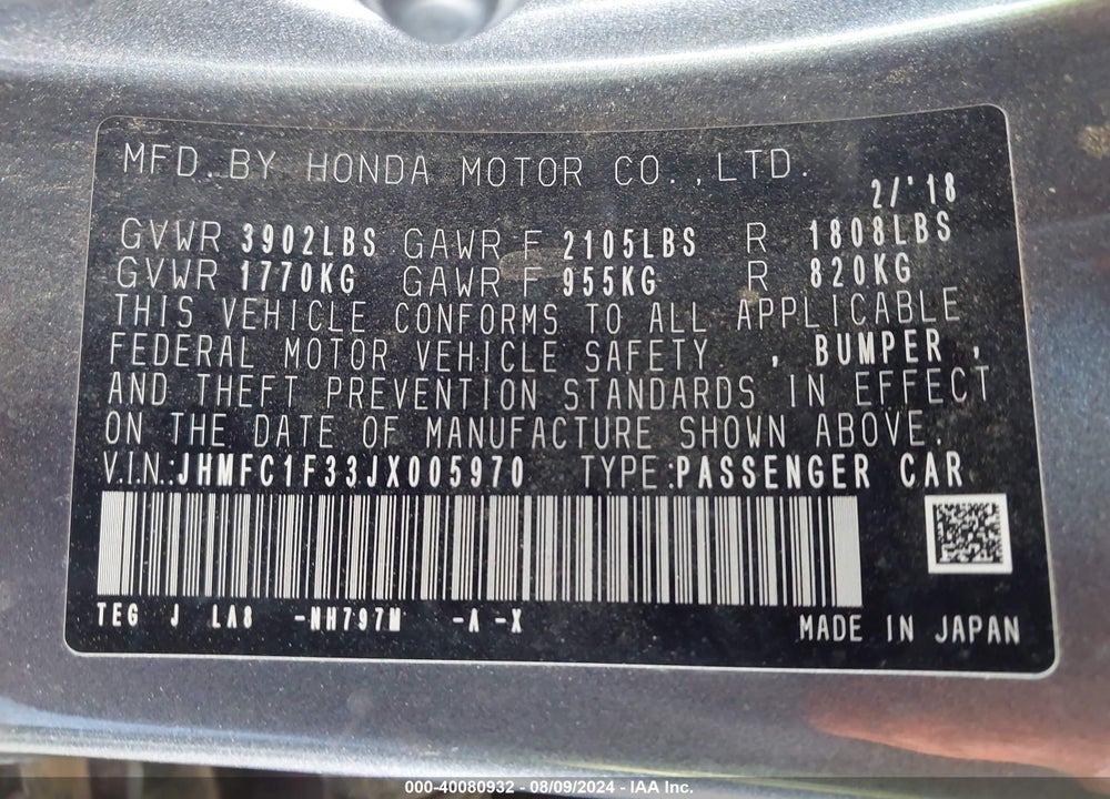 2018 HONDA CIVIC EX-T VIN: JHMFC1F33JX005970