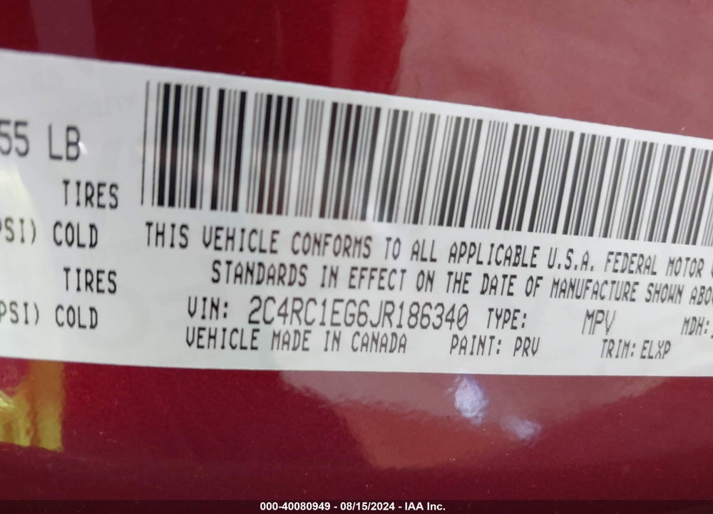 2018 CHRYSLER PACIFICA TOURING L PLUS VIN: 2C4RC1EG6JR186340
