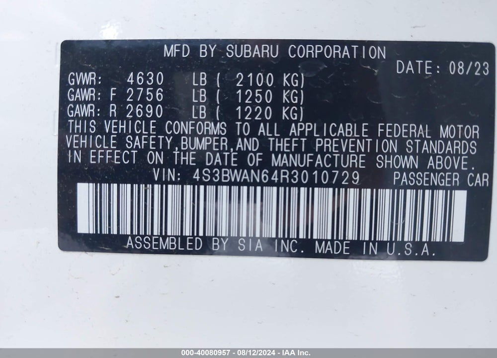 2024 SUBARU LEGACY LIMITED VIN: 4S3BWAN64R3010729