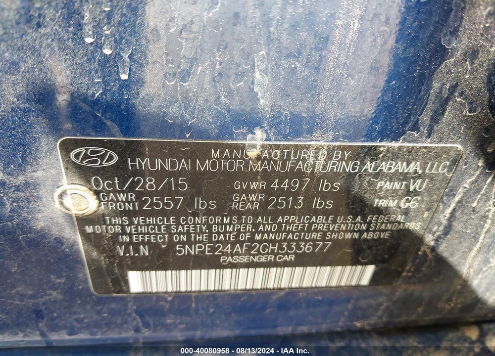 2016 HYUNDAI SONATA SE VIN: 5NPE24AF2GH333677