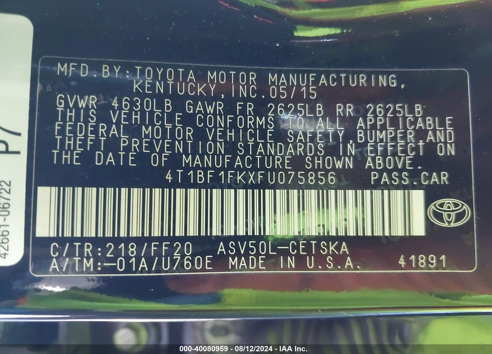 2015 TOYOTA CAMRY SE VIN: 4T1BF1FKXFU075856