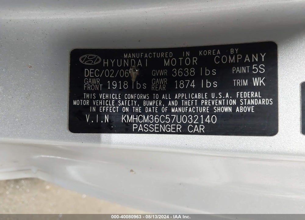 2007 HYUNDAI ACCENT GS VIN: KMHCM36C57U032140