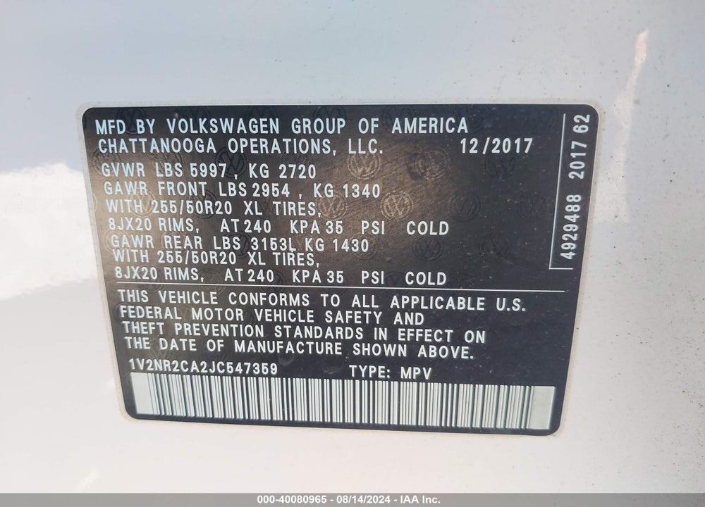2018 VOLKSWAGEN ATLAS 3.6L V6 SEL PREMIUM VIN: 1V2NR2CA2JC547359