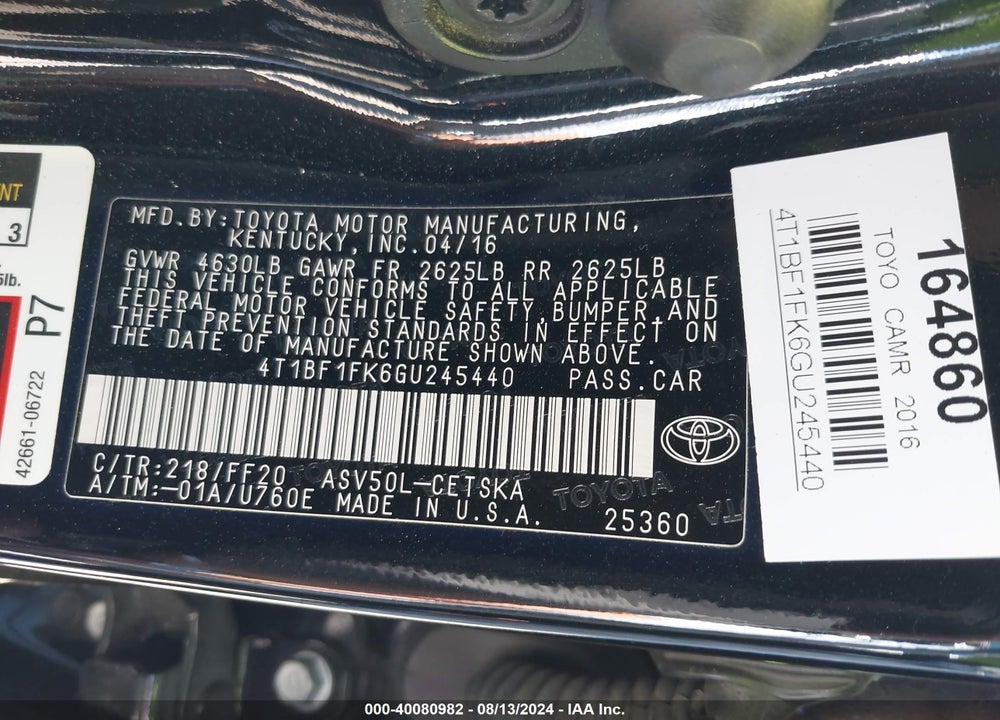 2016 TOYOTA CAMRY SE VIN: 4T1BF1FK6GU245440