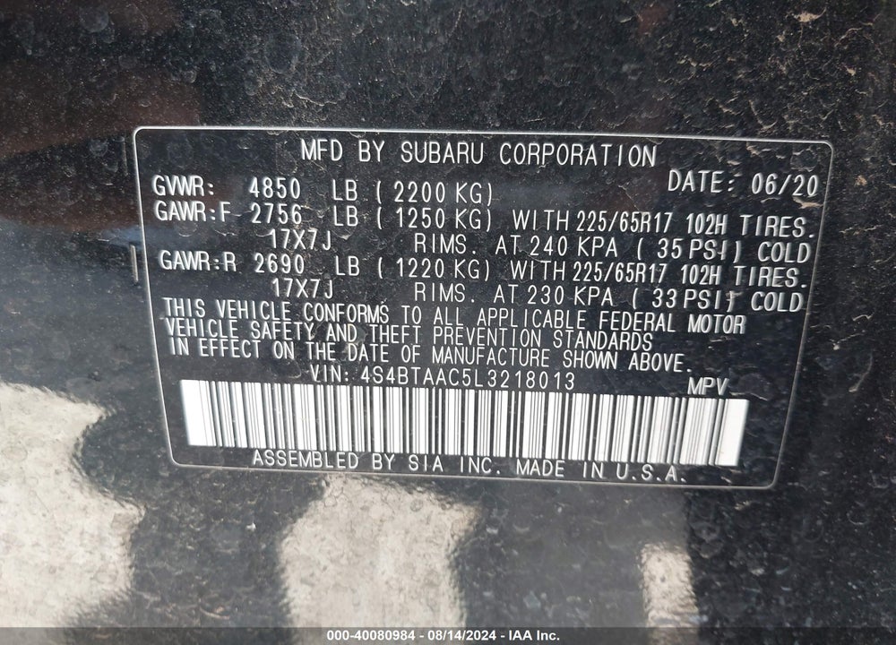 2020 SUBARU OUTBACK VIN: 4S4BTAAC5L3218013