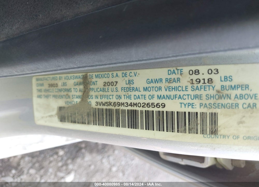 2004 VOLKSWAGEN JETTA GLS 2.0L VIN: 3VWSK69M34M026569