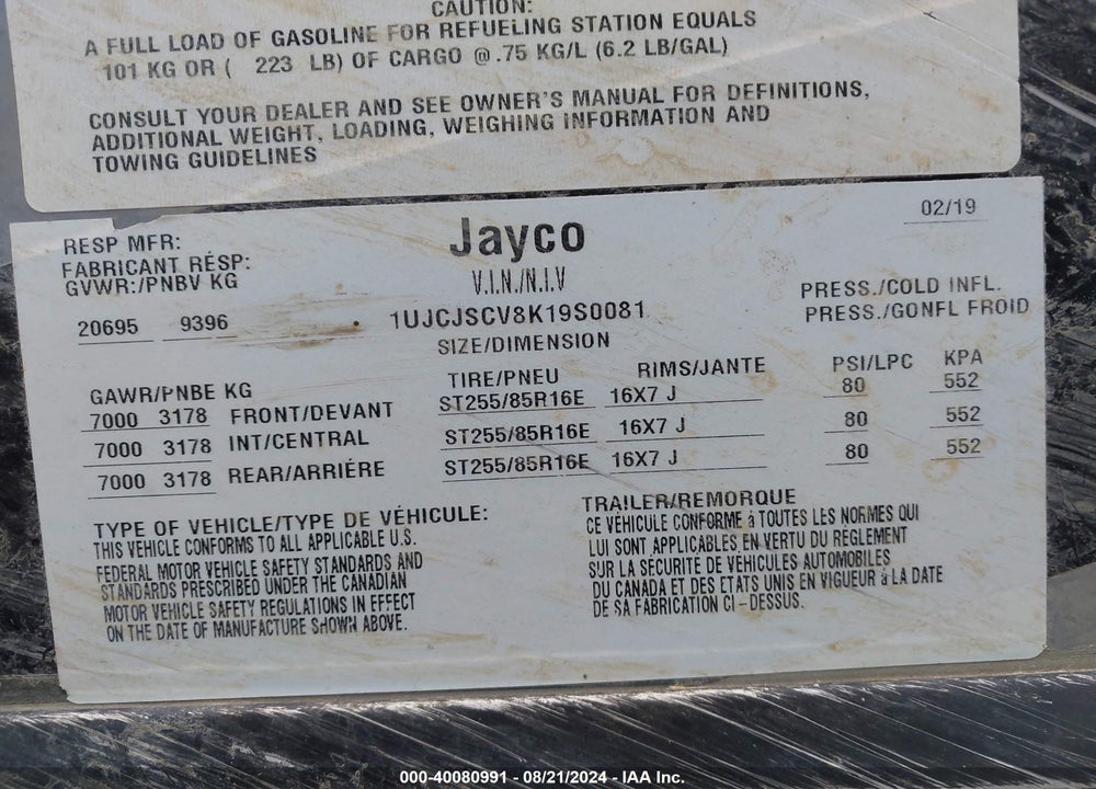2019 JAYCO SEISMIC 4013 VIN: 1UJCJSCV8K19S0081