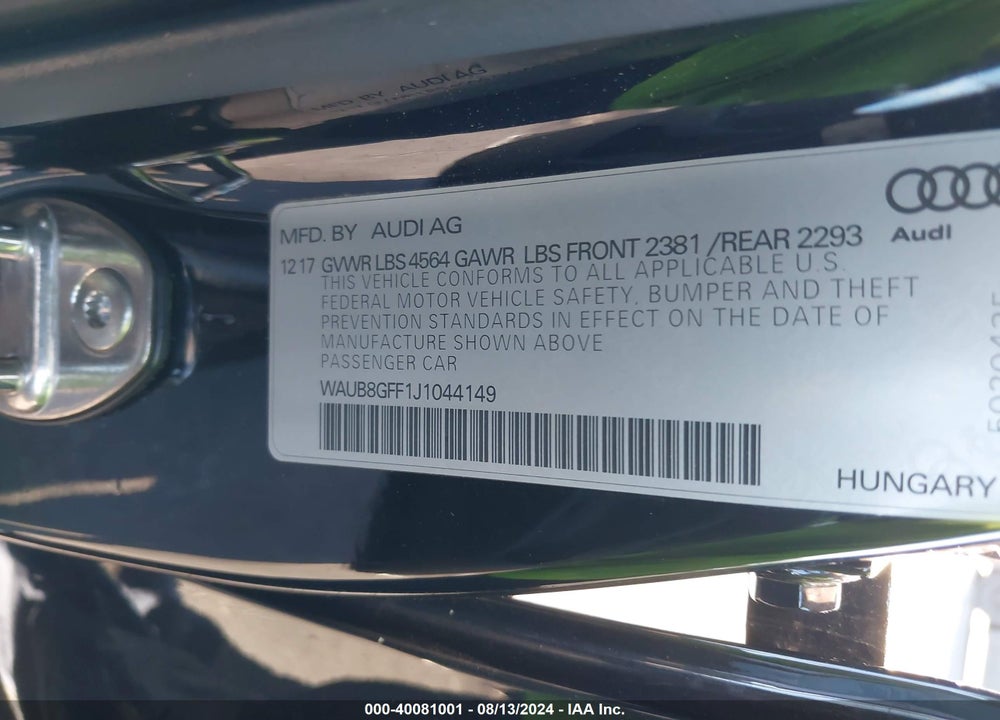 2018 AUDI A3 2.0T PREMIUM/2.0T TECH PREMIUM VIN: WAUB8GFF1J1044149