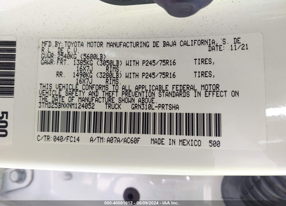 2022 TOYOTA TACOMA VIN: 3TMDZ5BNXNM124052