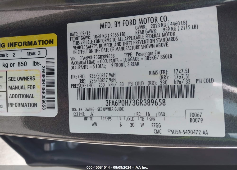 2016 FORD FUSION SE VIN: 3FA6P0H73GR389658