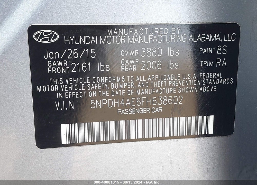 2015 HYUNDAI ELANTRA SE VIN: 5NPDH4AE6FH638602