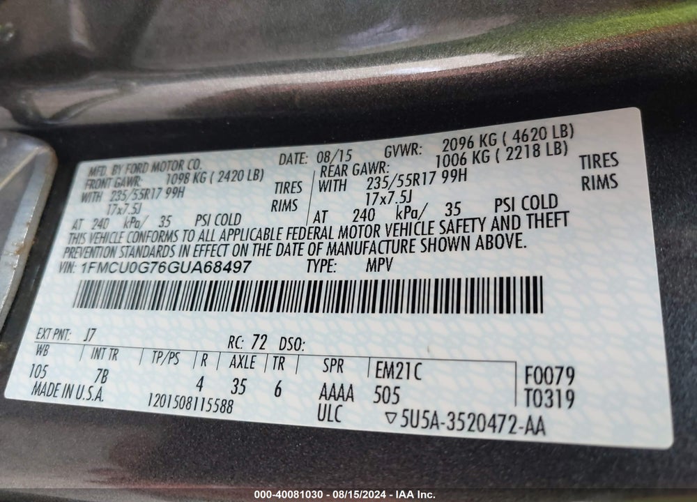 2016 FORD ESCAPE SE VIN: 1FMCU0G76GUA68497