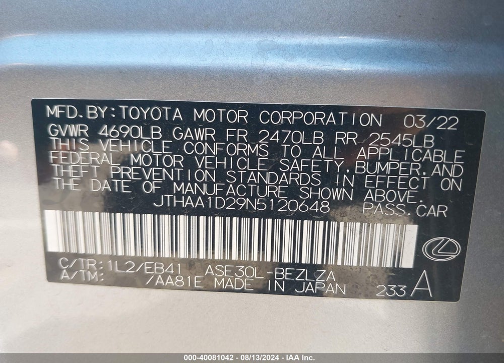 2022 LEXUS IS 300 VIN: JTHAA1D29N5120648