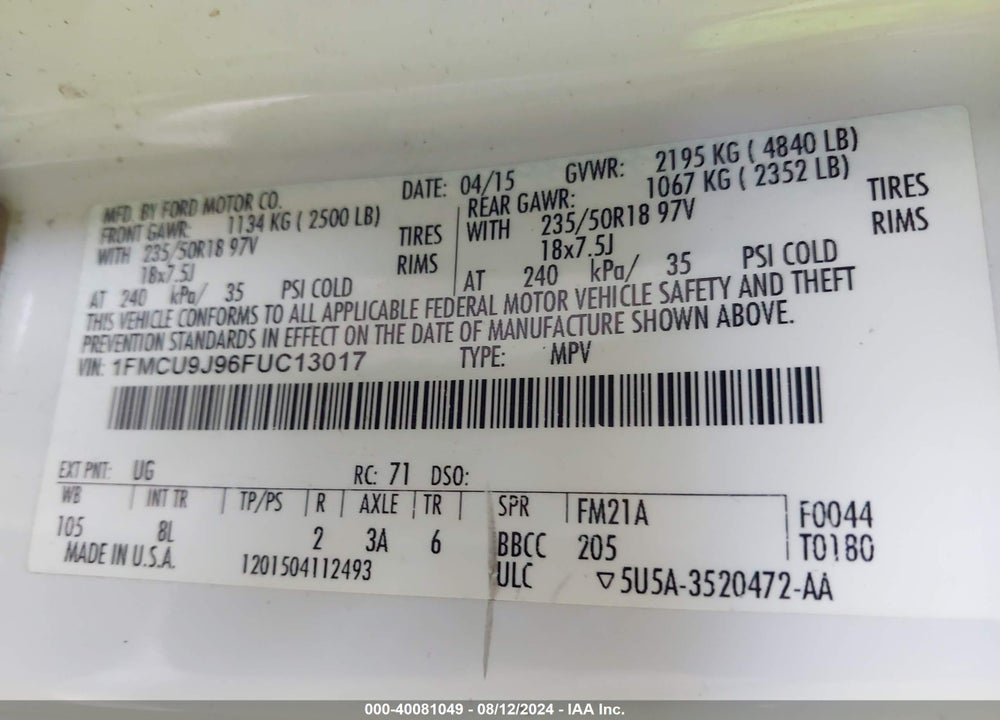 2015 FORD ESCAPE TITANIUM VIN: 1FMCU9J96FUC13017