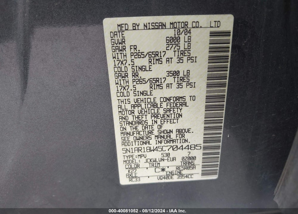 2005 NISSAN PATHFINDER LE VIN: 5N1AR18W45C704485