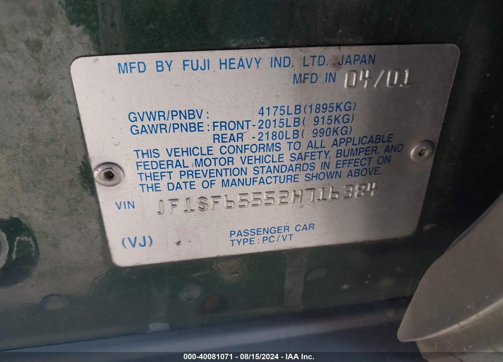 2002 SUBARU FORESTER S VIN: JF1SF65552H716384