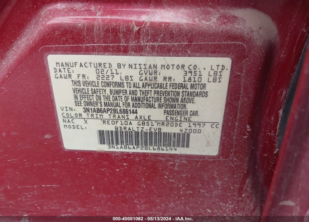 2011 NISSAN SENTRA VIN: 3N1AB6AP2BL686144