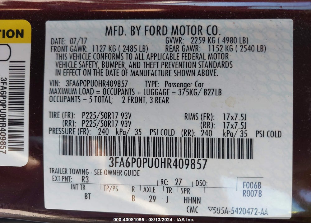 2017 FORD FUSION ENERGI SE LUXURY VIN: 3FA6P0PU0HR409857