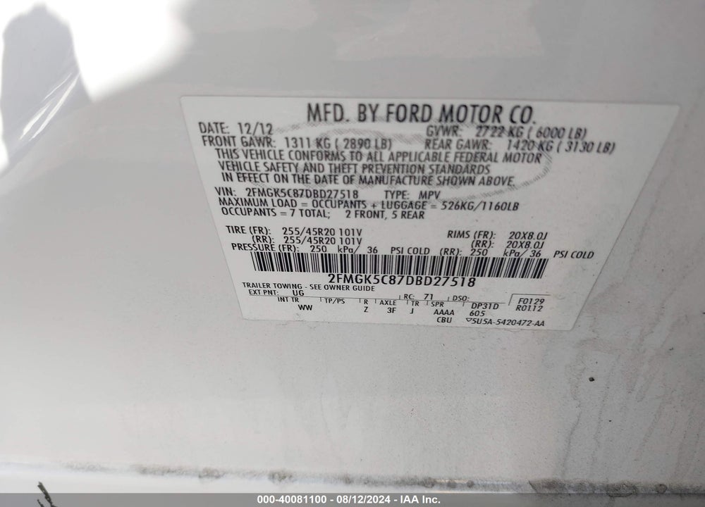 2013 FORD FLEX SEL VIN: 2FMGK5C87DBD27518