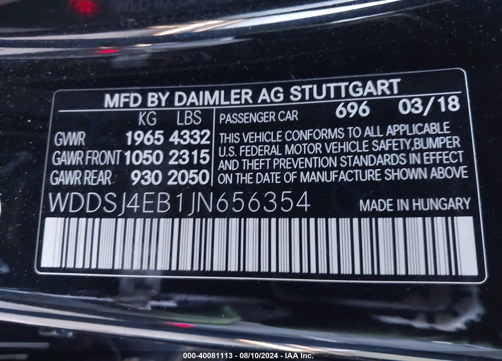 2018 MERCEDES-BENZ CLA 250 VIN: WDDSJ4EB1JN656354