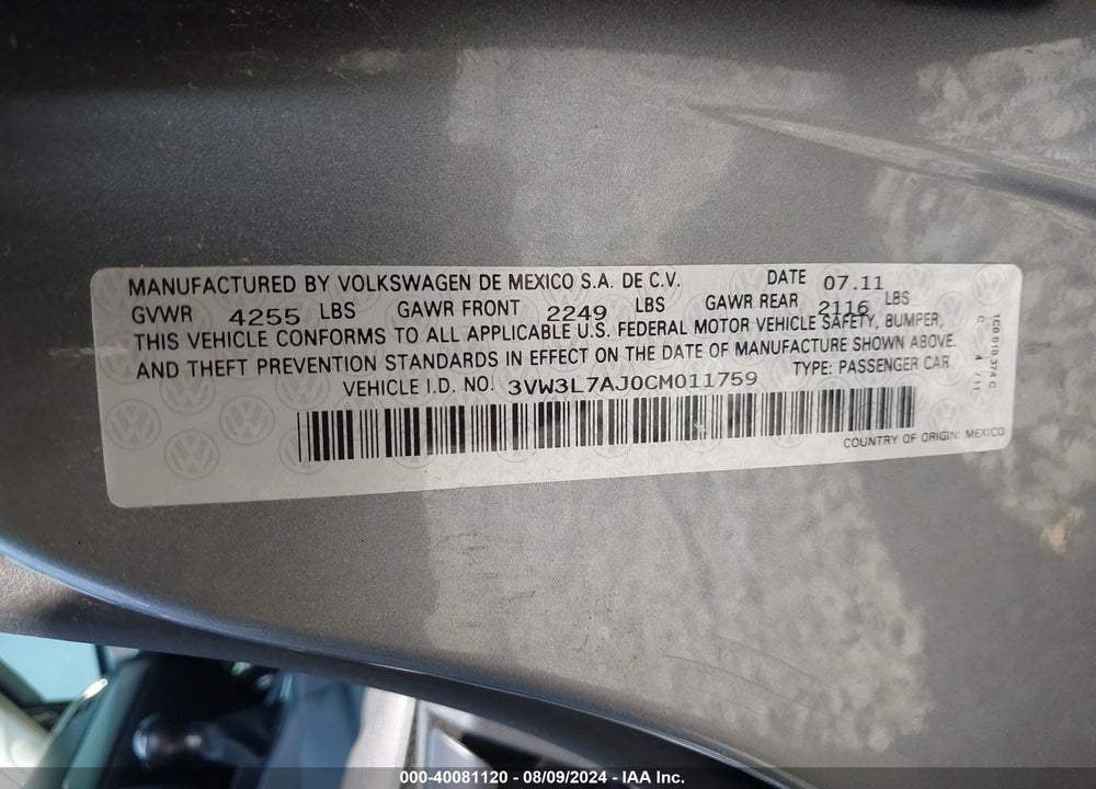 2012 VOLKSWAGEN JETTA 2.0L TDI VIN: 3VW3L7AJ0CM011759