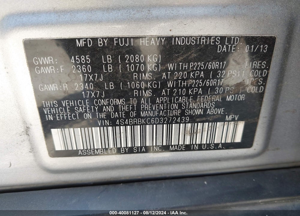 2013 SUBARU OUTBACK 2.5I LIMITED VIN: 4S4BRBKC6D3272439