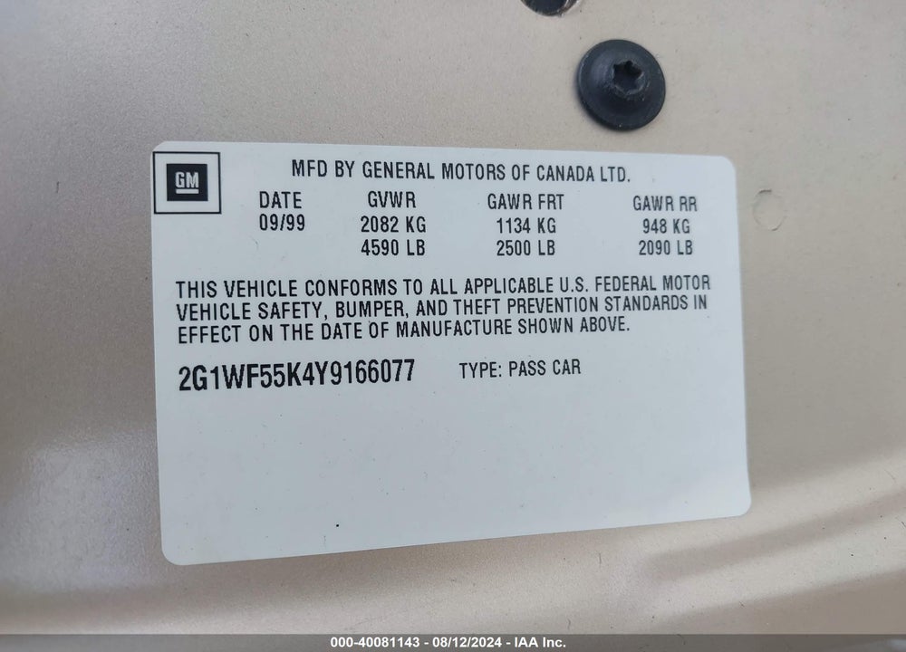 2000 CHEVROLET IMPALA VIN: 2G1WF55K4Y9166077