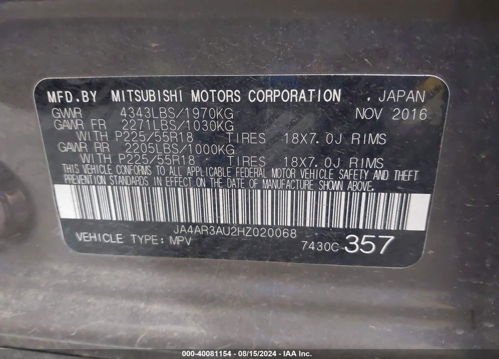 2017 MITSUBISHI OUTLANDER SPORT 2.0 ES VIN: JA4AR3AU2HZ020068