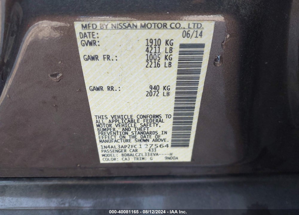 2015 NISSAN ALTIMA 2.5 S VIN: 1N4AL3AP2FC127564