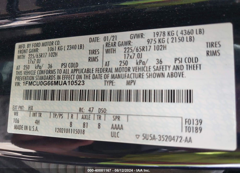 2021 FORD ESCAPE SE VIN: 1FMCU0G66MUA10523