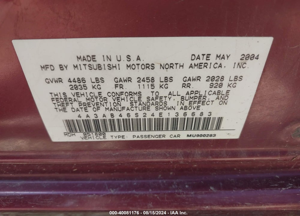 2004 MITSUBISHI GALANT LS VIN: 4A3AB46S24E136683