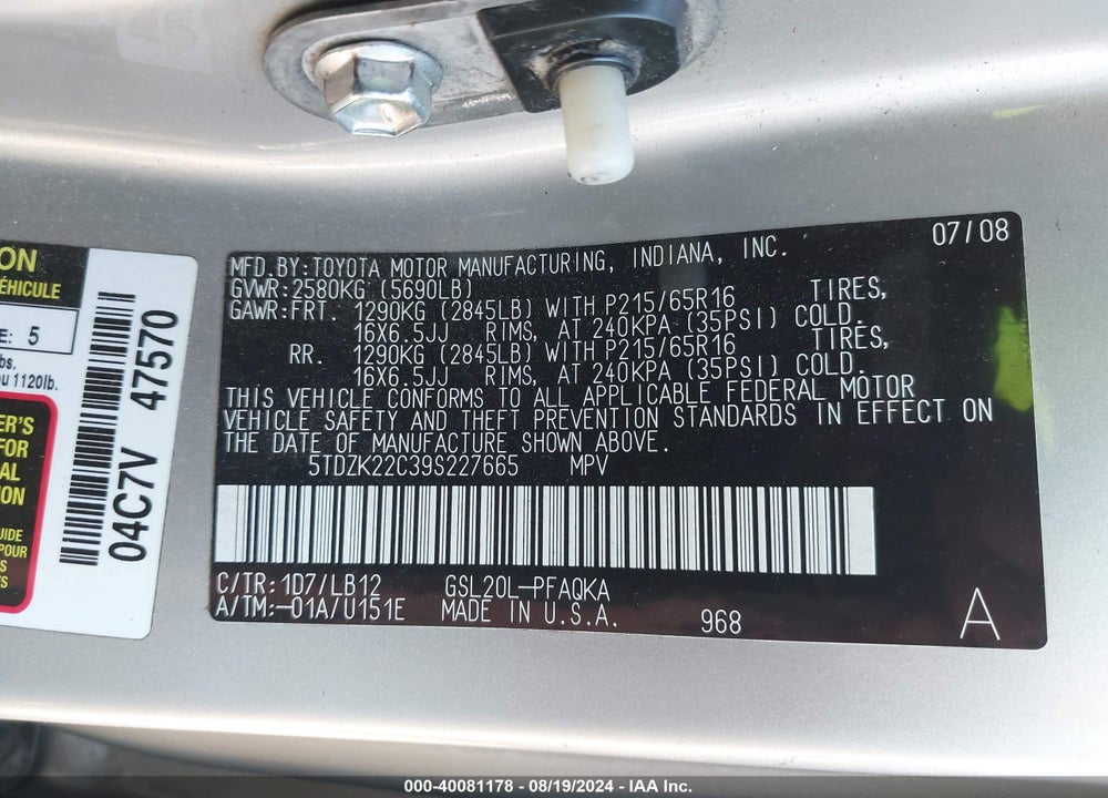 2009 TOYOTA SIENNA XLE VIN: 5TDZK22C39S227665