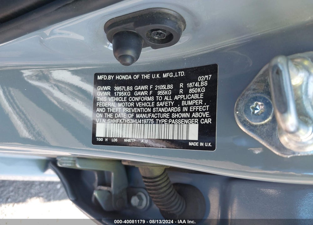 2017 HONDA CIVIC EX VIN: SHHFK7H53HU419775