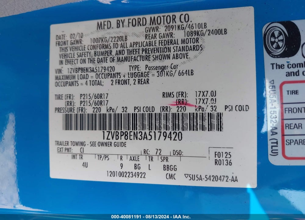 2010 FORD MUSTANG V6/V6 PREMIUM VIN: 1ZVBP8EN3A5179420