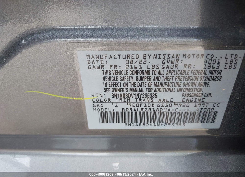 2022 NISSAN SENTRA SR XTRONIC CVT VIN: 3N1AB8DV1NY295385