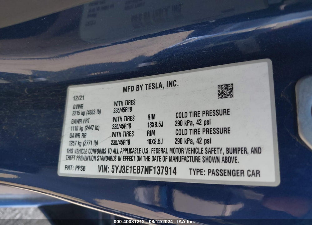 2022 TESLA MODEL 3 LONG RANGE DUAL MOTOR ALL-WHEEL DRIVE VIN: 5YJ3E1EB7NF137914
