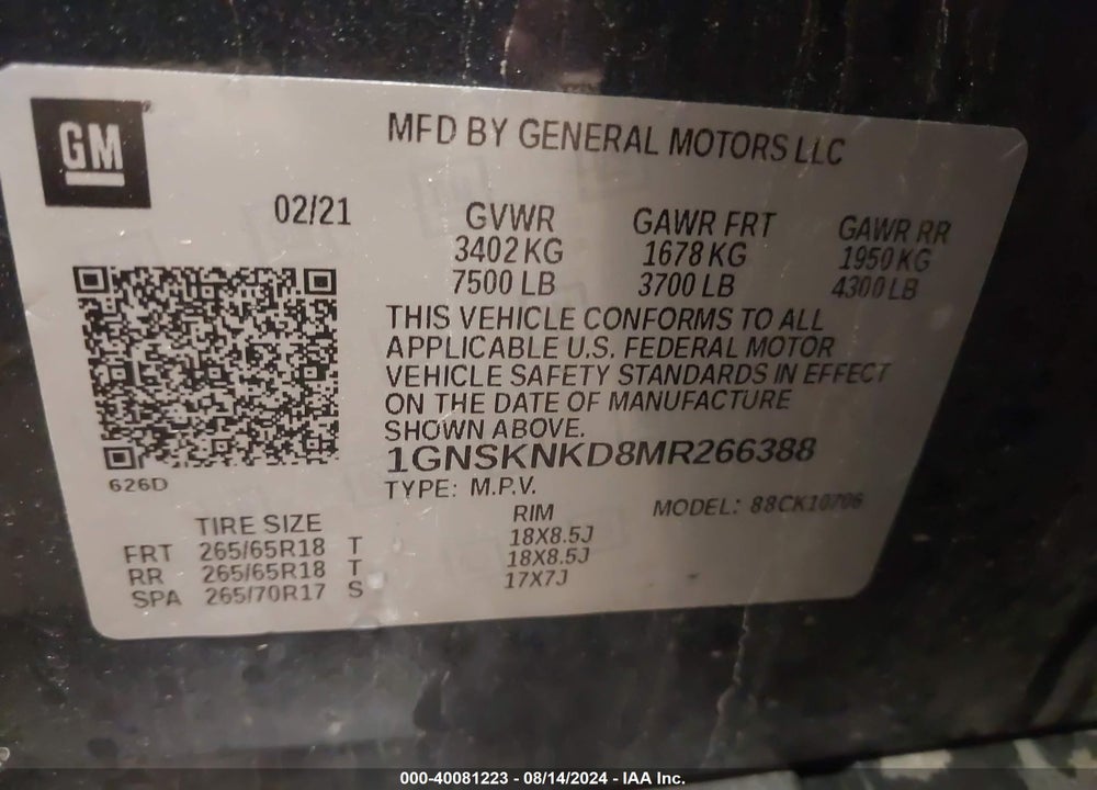 2021 CHEVROLET TAHOE 4WD LT VIN: 1GNSKNKD8MR266388