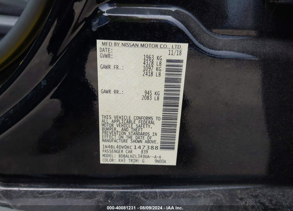 2019 NISSAN ALTIMA 2.5 SV VIN: 1N4BL4DV0KC147388
