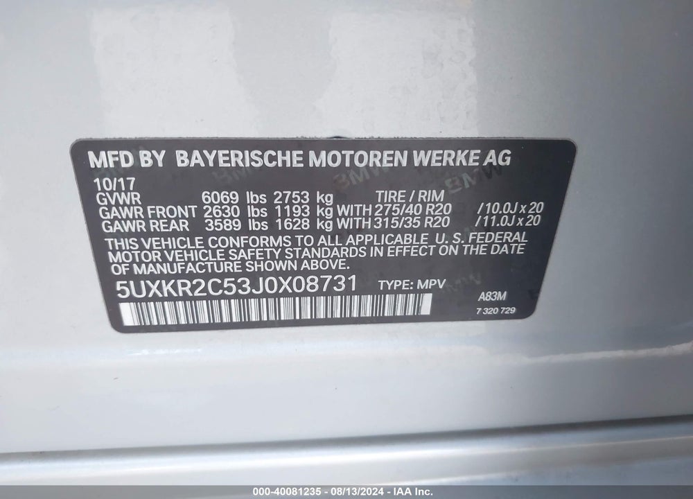 2018 BMW X5 SDRIVE35I VIN: 5UXKR2C53J0X08731