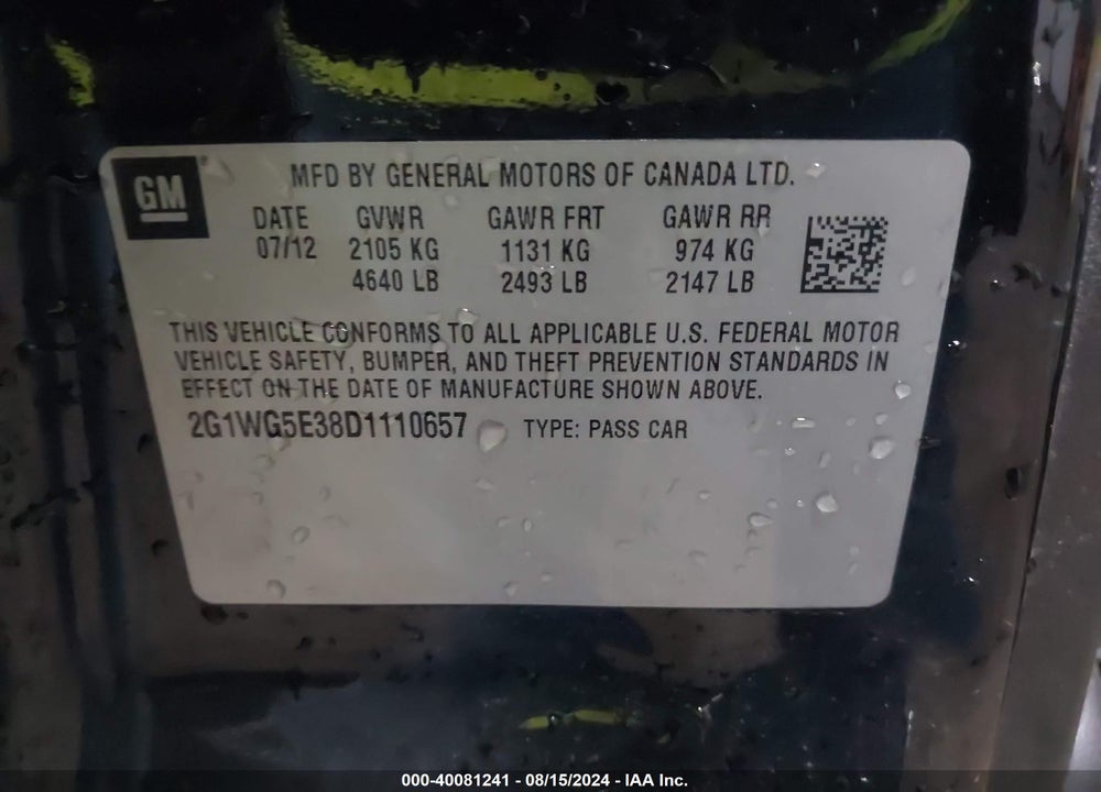 2013 CHEVROLET IMPALA LT VIN: 2G1WG5E38D1110657