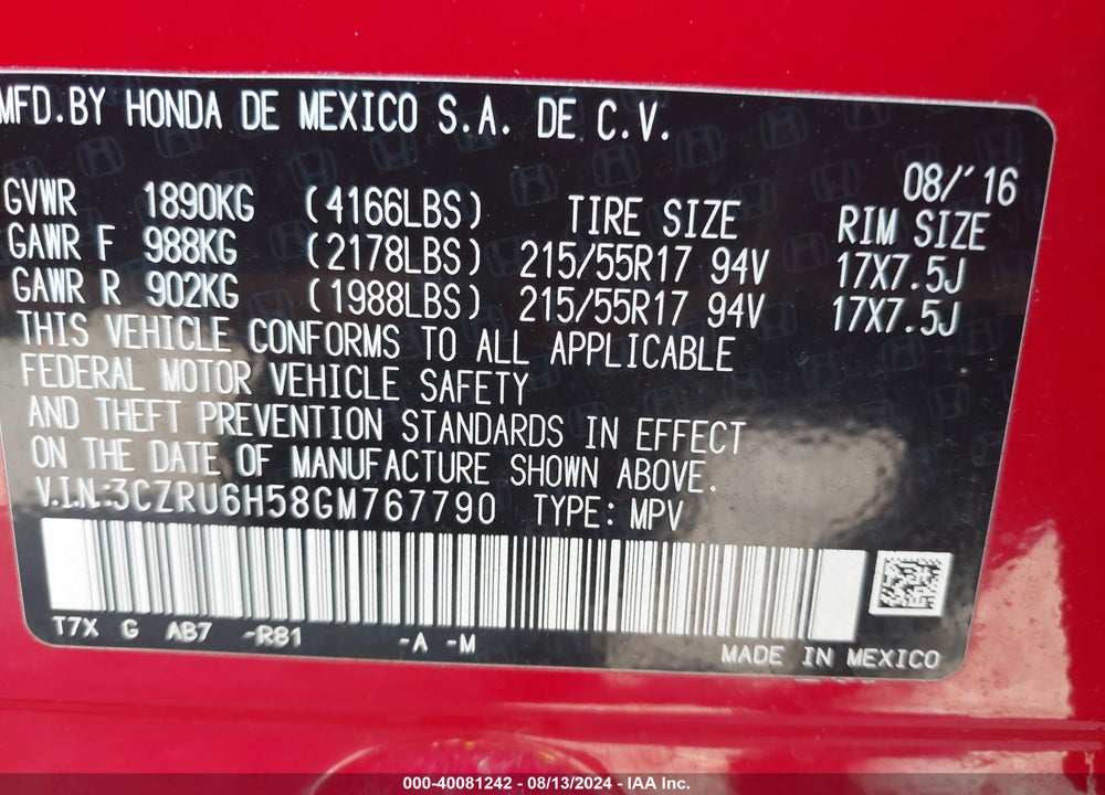 2016 HONDA HR-V EX VIN: 3CZRU6H58GM767790