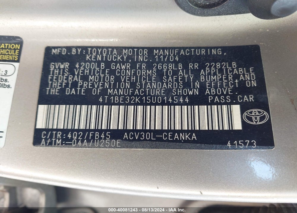 2005 TOYOTA CAMRY LE VIN: 4T1BE32K15U014544
