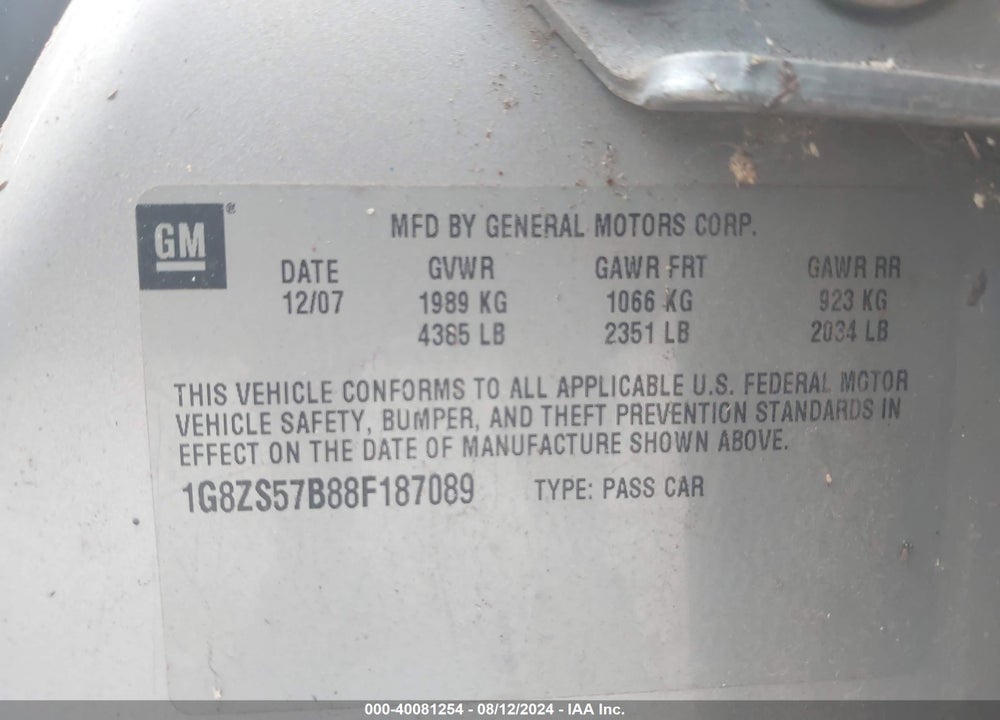 2008 SATURN AURA XE VIN: 1G8ZS57B88F187089